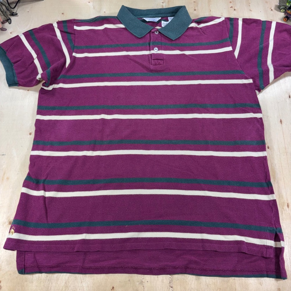 Vintage Brooks Brothers Golden Fleece Polo Mens L Burgundy Green Stripe Made USA
